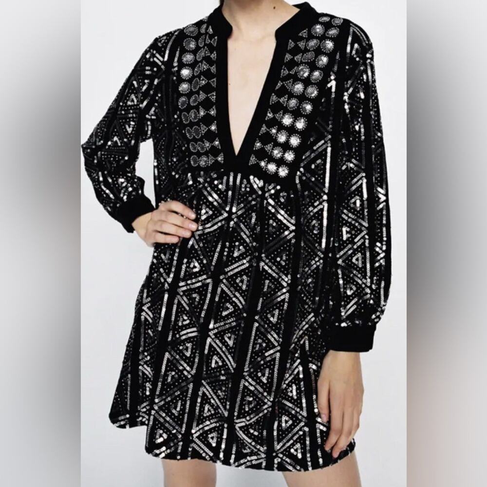Zara black velvet silver sequins long sleeve pop over mini dress size XS.